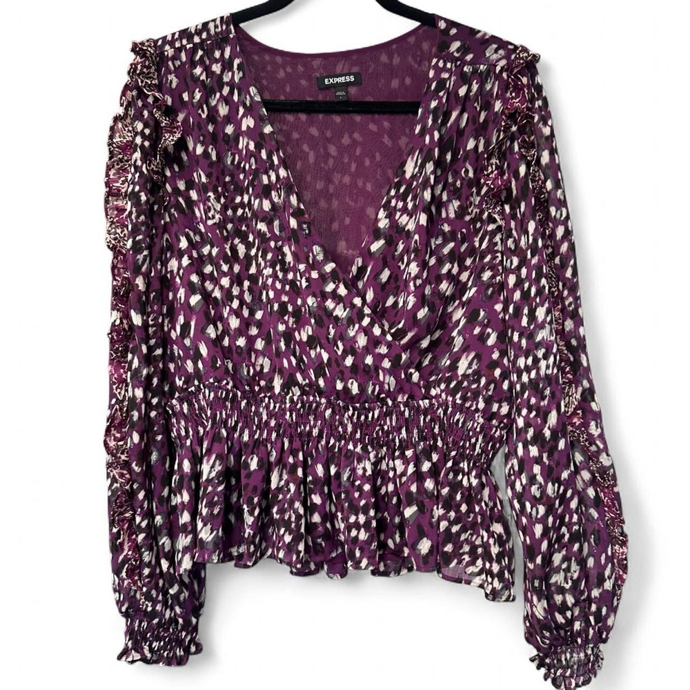 Express V-Neck Peplum Purple Blouse with Ruffles